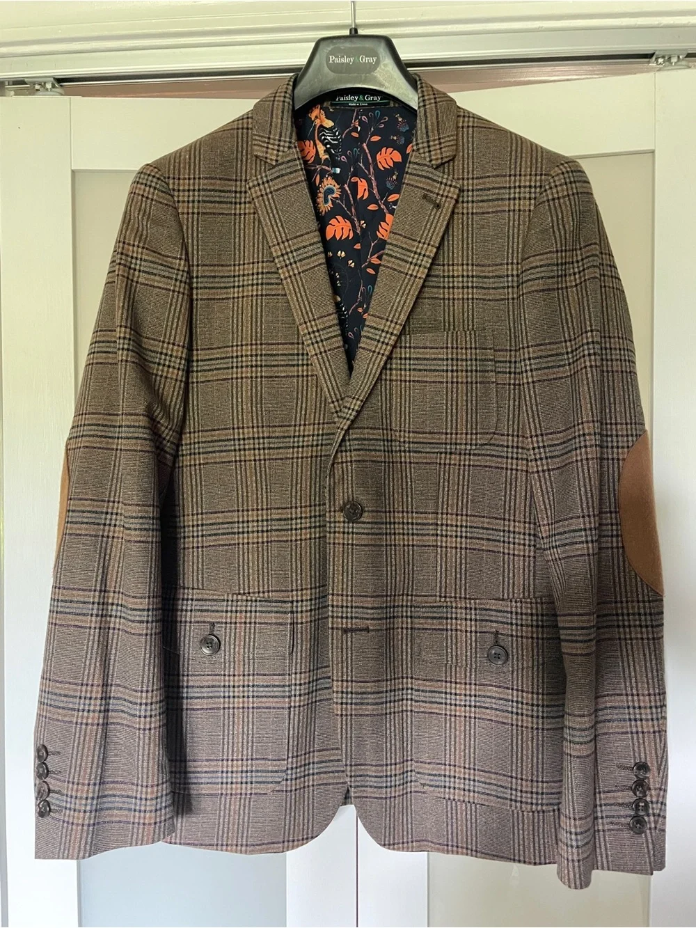 Paisley & Gray Brown Plaid Sport Coat with Suede Elbow Patches